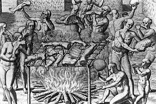 a black and white image depicting people eating human parts as the serial killer in the story sold human meat to his society.