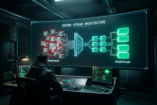 A wide-angle, cinematic photograph of a Master Engineer’s command center at night. A massive panoramic monitor in the background displays a complex, glowing 3D flowchart titled “INCOME STREAM ARCHITECTURE.” Fragmented, red data blocks labeled “GENERIC HUSTLE” are being funneled through a technical filter and emerging as solid, glowing green “REVENUE PILLARS.” The lighting is cold and focused, emanating from the emerald-green technical data on the screen.