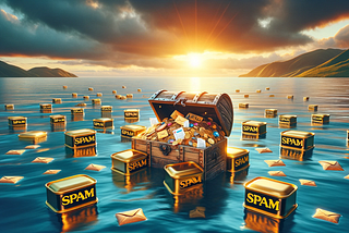 An treasure chest floating atop a sea filled with cans of spam