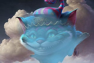 Cheshire cat with jester’s hat, floating in clouds