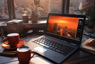 Photo of laptop on a desk with a city view behind through the window