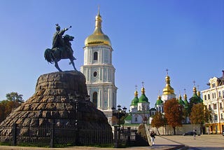 kyiv monument bridge, the angle shows a horseman statue overlooking bogdan