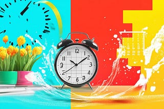Digital illustration of a clock surrounded by bright colors and a vase of flowers