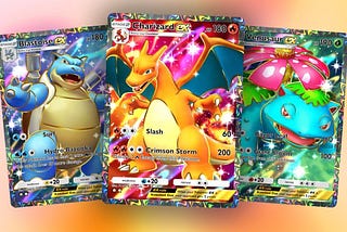 A Blastoise ex, a Charizard ex, and a Venusaur ex card.