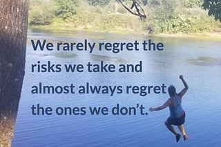 The author letting go a a rope swing over water