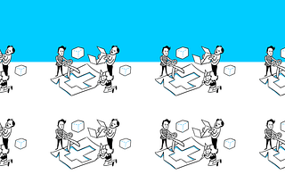 Illustration showing people working together to assemble a cut-out paper box.