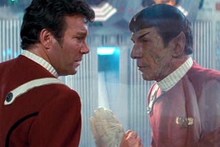 Admiral Kirk (left) shares a final, emotional moment with his Vulcan friend Spock (right)