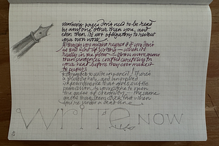 Photo of handwriting in a small notebook. The topic is morning pages, and the writing is curly and rather difficult to read. Full transcript at the end of this post.