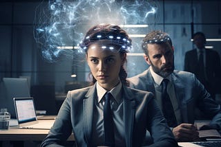 A woman sits at her desk with a look of concentration on her face. Behind her a man looks on worriedly. She has a cloud of white brainwaves around her head.