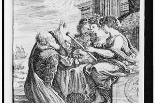 Galileo offering his telescope to three women (possibly Urania and attendants) seated on a throne; he is pointing toward the sky where some of his astronomical discoveries are depicted