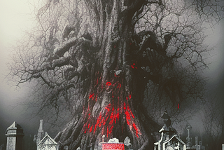 A very dark, foggy background. A cemetary in the foreground. A tree of epic creepiness factor, large and crooked, holds red splotches of blood red. Only one grave has similar red splotches all over it.