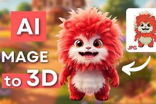 AI Image to 3D. There is a cute red white comic character smiling and an arrow on the right with the same picture (JPG). The picture shows how this stunning 3d model of the character was generated by a single picture