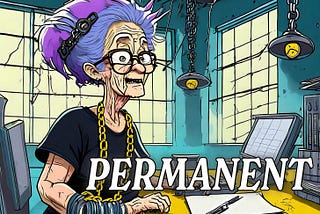 Ai generated a cartoon of a very old looking woman, chained to a desk. she is in a decaying workplace of the future. her hair is blue, yellow and purple. she is wearing a black t-shirt. a clock on the wall shows the passage of much time. She doesn’t appear particularly pleased about her situation. The word ‘PERMANENT’ sits over the image.