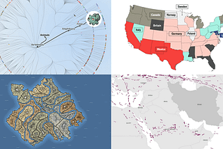 Screenshots of Projects Visualizing Data on Iran Crisis, Pokémon Taxonomy, U.S. Immigration, Human Happiness