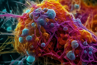 A cancer cell being attacked by nanoparticles — Author/Midjourney