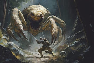 A warrior faces a giant monster in a dark forest, symbolizing the battle against hidden bugs in programming.