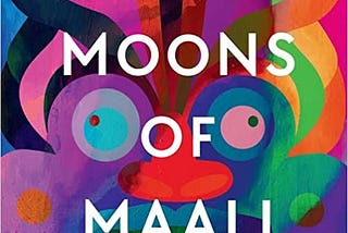 Book cover of ‘Seven Moons of Maali Almeida’ that is an amalgam of colours set against the background of a face of a dragon.