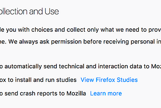 Data preference changes in Firefox 58