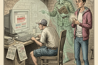 Stylized illustration titled “The Ghost of UX Past”: a nostalgic attic scene where a modern young man with a smartphone stands beside a seated person using an old desktop computer. A ghostly figure holding a book labeled “HTML” points at the retro screen displaying a hit counter for a website.