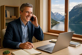 A middle-aged dude looking pleased in a home office on a mobile phone and laptop with a beautiful view out the window.