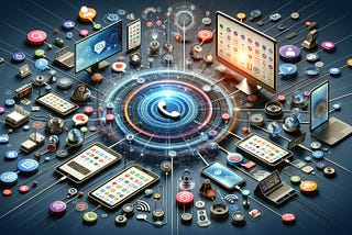 A dynamic illustration of a diverse array of photorealistic devices (smartphones, tablets, and laptops) and digital communication icons (phone, chat, email, social media) all linked to a central hub, conveying the concept of omnichannel support within the realm of Big Tech that unifies tech support in an ecosystem that secures a cohesive experience for Big Tech companies’ customers, increasing Big Tech CX (customer experience) quality.
