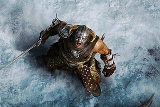 A shot from Skyrim’s promotional material, where the camera looks down on a warrior in studded leather armor and a horned iron helm Shouts up into the camera with a steel sword gripped in his right hand.