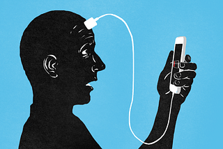 a graphic of a man looking at a phone screen with USB plugged into thir head