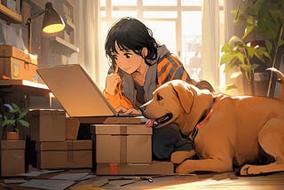 Me on my laptop, shopping online, with my dog at my side. Image by MidJourney