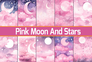 Pink Moon Stars Watercolor Background