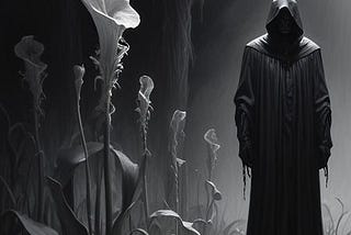 A dark-robed figure stands next to a pitcher plant.