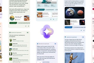 A purple star-shaped icon is surrounded by mobile screens of generative AI search results of different pastel colors.