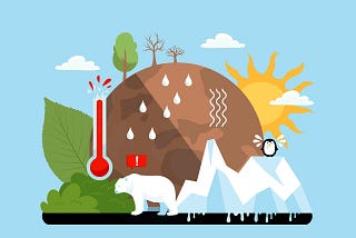 Illustration of a brown earth with trees above, white water droplets falling, melting glaciers and a polar bear below, with a red exclamation point above its head, and a fully red thermometer to the left, in front of a big green leaf and other greenery. To the right, the sun is shining, with a tiny penguin standing atop the glacier. The image lays against a sky blue background, with a few scattered clouds.