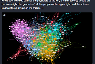 Toot containing the network graph that highlights user membership of science mastodon, and the message of excitement about what it contains from the instance admin