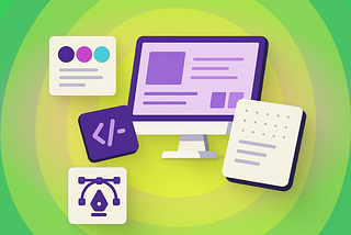 A vibrant illustration representing an enterprise design system, featuring a central desktop monitor displaying a structured UI layout in purple tones, surrounded by four floating cards: a color palette with purple, pink, and teal swatches; a dark purple code tag icon; a vector pen tool icon; and a documentation/pattern card with dotted and lined content. The whole composition sits against a bright green radial gradient background, visually conveying the core pillars of a design system: color, c