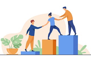 Three people help each other step up onto rising platforms, holding hands to support balance.