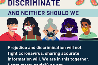 Flyer with text encouraging people to not discriminate, and to share accurate information about the coronavirus.