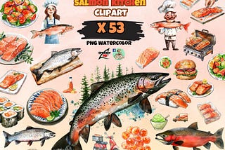 Watercolor Salmon Kitchen Clipart