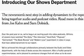 El NYT fusiona audio y podcast video en un único departamento llamado Shows