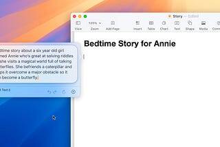 Using the Compose tool in Pages, a user enters a prompt about writing a bedtime story about a 6-year-old named Annie who’s great at solving riddles.