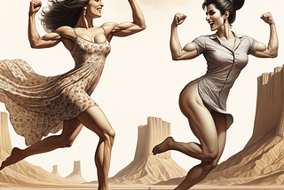 Two Iranian women one of them  athletic in her fifties with side swept bangs hairstyle and wearing a flowy sundress and the other short and muscular middle-aged with updo hairstyle and wearing shirt dress are dancing gracefully in a mountain and The Kaluts of Shahdad which is a desert formations in the Lut Desert, Kerman Province in Iran in the background , rendered in a style that prioritizes the expression of emotional experience rather than accuracy