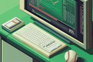 Retro-style computer on a green desk displaying baseball stats and charts, with a keyboard, notebook, and baseball nearby.