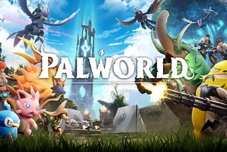 Palworld logo with a background full of creatures you can find in the game facing off against each other in two teams.
