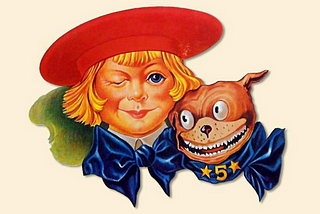 Buster Brown and his dog Tige wearing blue satin bows around their necks.