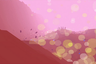 A screenshot of the pink battlefield. Smoke rises from the ground, and the fog of war obscures the distance. A bomb is going off, sending enemy soldiers flying from a hillside.