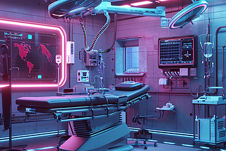 A futuristic medical lab with instruments and an examination bed