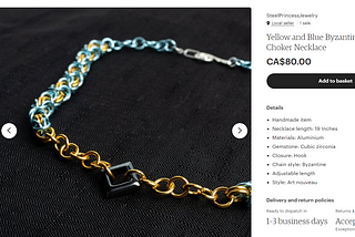 Screenshot of a product page on Etsy.ca for jewelry