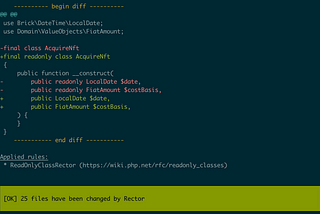 A console terminal showing the result of running Rector