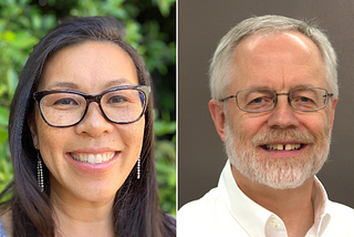 Headshot photos of Dr. Anna Lau on the left and Dr. Gregory Miller on the right. Both are smiling with teeth showing and wearing glasses.