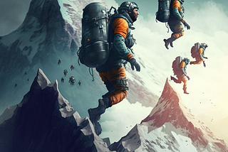 Mountain climbers with jetpacks climbing a mountain.