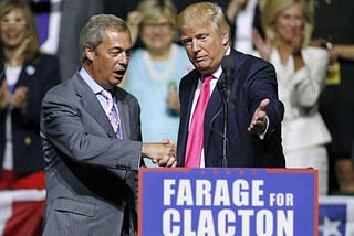 Nigel Farage shaking Donald Trump’s hand at an election rally. The photo has been changed so that the lectern reads Farage for Clacton rather than Trump Pence.